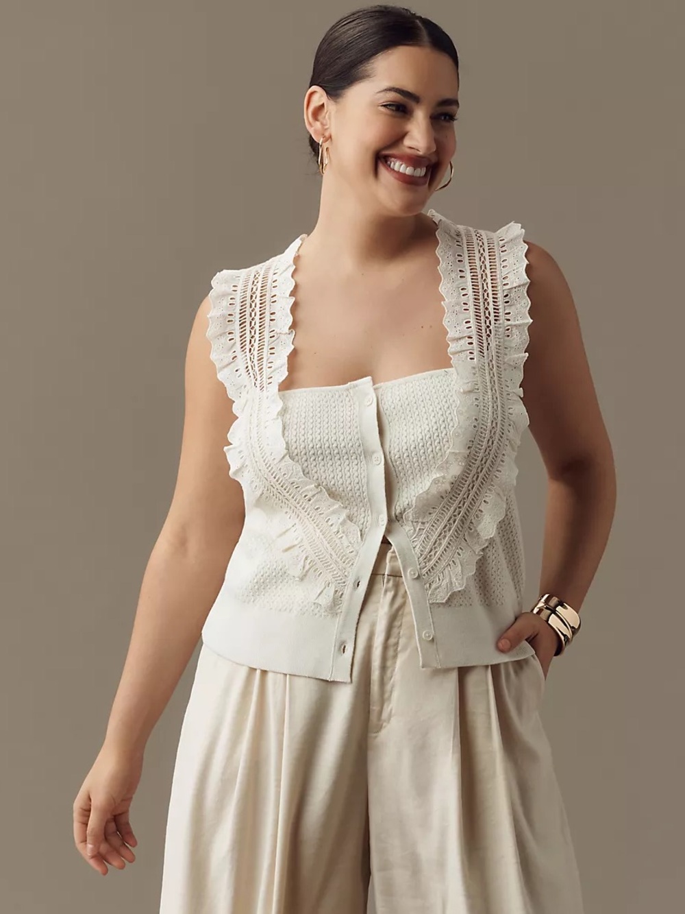 Pilcro Crafted Bib Sweater Tank Anthropologie Cream Ruffle Knit Top Medium
